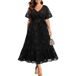NWT ~ Women's Plus Size Black Lace Overlay Flowy Full Midi Dress ~ 3X
